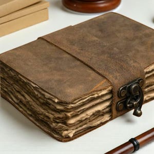 Handmade Rustic Brown Leather Journal: Antique Deckle Edge Paper Lock Closure Blank Spell Book of Shadows Travel Notebook Gift For Him Her
