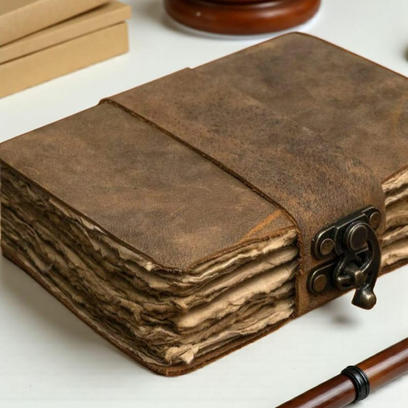 Handmade Rustic Brown Leather Journal: Antique Deckle Edge Paper Lock Closure Blank Spell Book of Shadows Travel Notebook Gift For Him Her