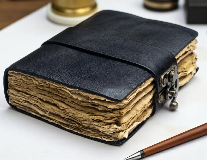 May include: A black leather-bound journal featuring a textured cover with a wide strap closure secured by a metallic latch. The journal contains thick, deckled-edge pages with a light tan, aged appearance, providing a distinct contrast to the dark cover.