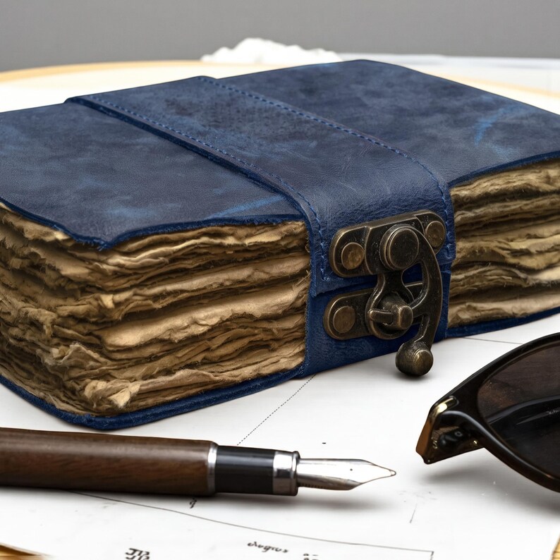 May include: A rectangular journal with a deep blue leather cover and a metal latch closure. The journal features thick, deckled-edge pages with a weathered, tan appearance. A dark wood fountain pen and a pair of black sunglasses are positioned nearby.