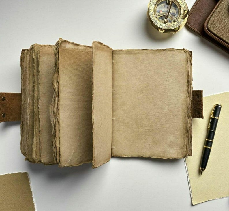 Handmade Rustic Brown Leather Journal: Antique Deckle Edge Paper Lock Closure Blank Spell Book of Shadows Travel Notebook Gift For Him Her