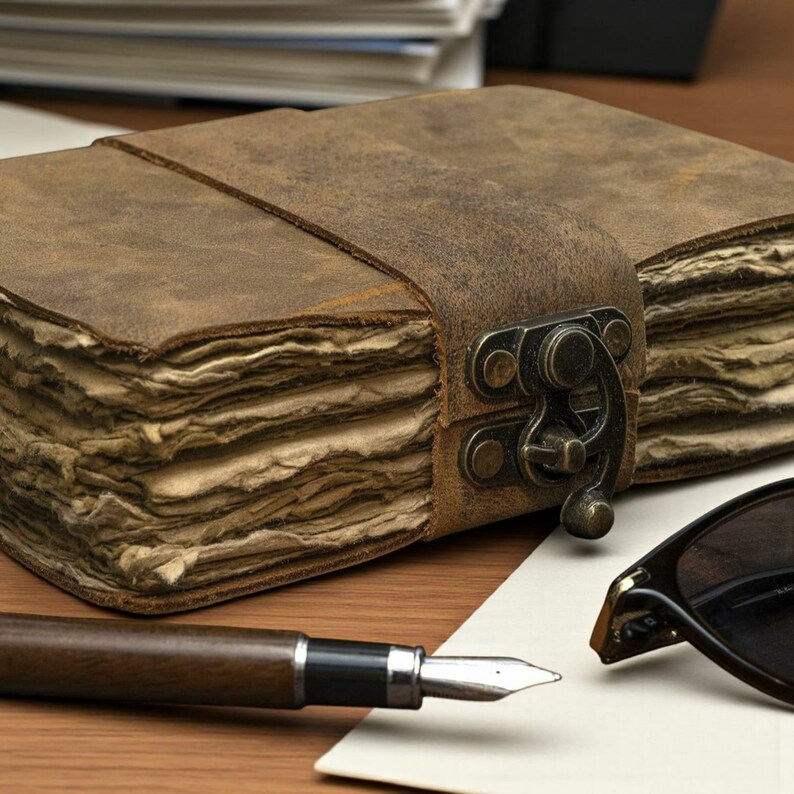 Handmade Rustic Brown Leather Journal: Antique Deckle Edge Paper Lock Closure Blank Spell Book of Shadows Travel Notebook Gift For Him Her