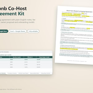 May include: An Airbnb Co-Host Agreement Kit featuring a document titled Short-Term Rental Co-Hosting Agreement, a Co-Host Fee Calculator spreadsheet, and buttons indicating compatibility with Word, Google Docs, Excel, and Google Sheets.