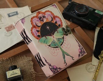 400 pages Handmade Pink Lina Moth Leather Journal for Women and Men Leather Notebook Diary With Lock Vintage Notebook for Writing.