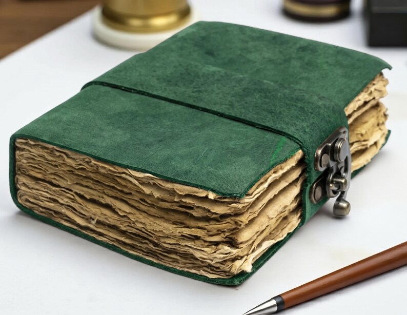 May include: A rectangular journal with a dark green suede cover and a wrap-around strap secured by a bronze-toned metal latch. The journal contains thick, deckled-edge pages with a light tan, aged appearance, visible along the side of the book.