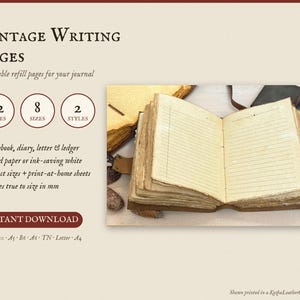 Printable Journal Refill Pages, Vintage Lined Writing Paper for Leather Journal, 5x7 A5 B6 A6 TN Inserts, Aged Notebook Pages