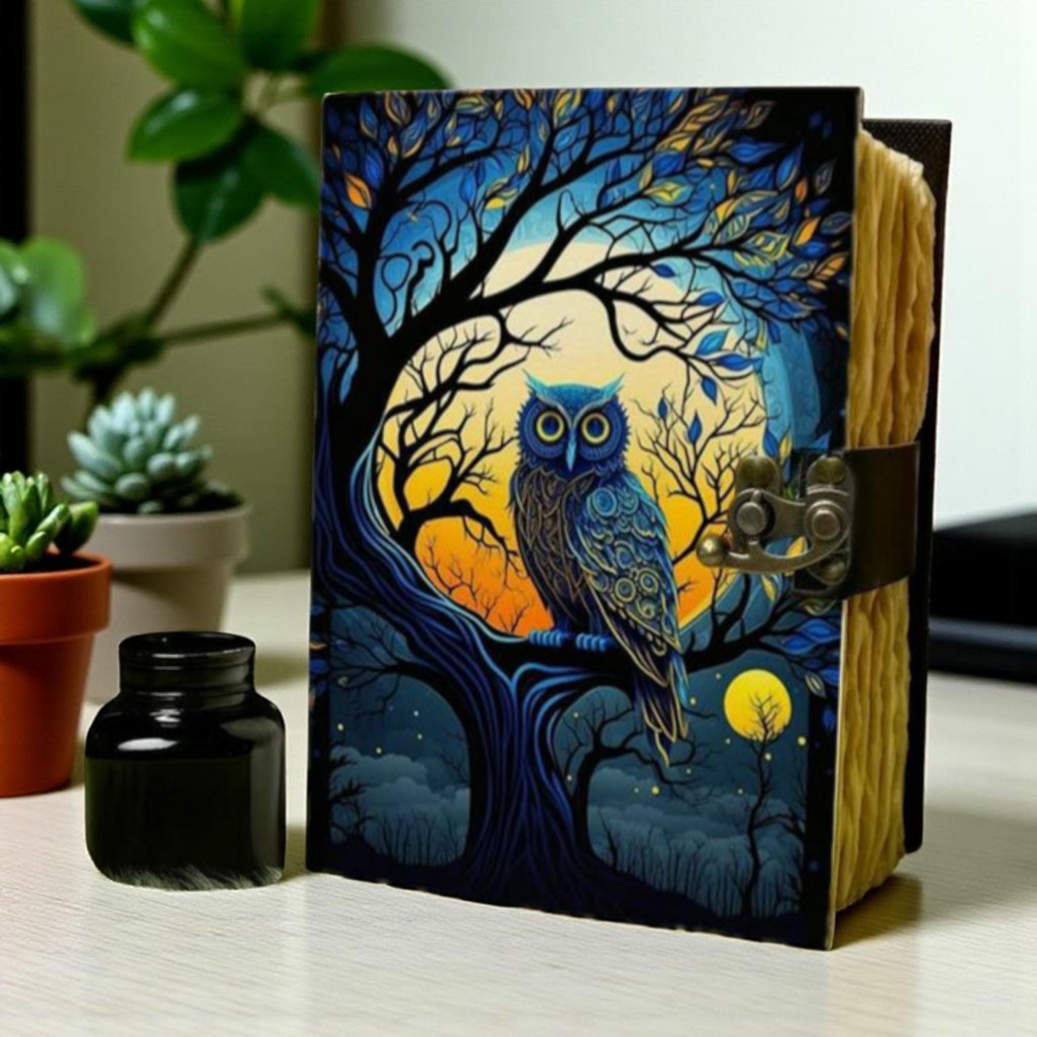 Owl and Moon Leather Journal, Stained Glass Style Grimoire