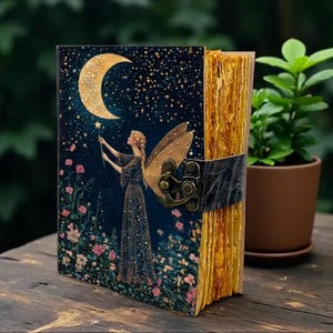 Op de afbeelding: Een dagboek met harde kaft, donkerblauwe omslag met een gouden halve maan, een gevleugelde fee en bloemmotieven. Het boek heeft een metalen sluiting en dikke, getextureerde, gelige pagina's die zichtbaar zijn aan de zijkant.