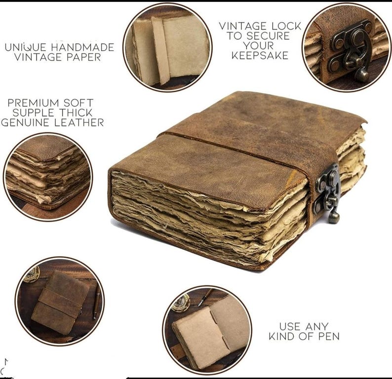 Handmade Rustic Brown Leather Journal: Antique Deckle Edge Paper Lock Closure Blank Spell Book of Shadows Travel Notebook Gift For Him Her