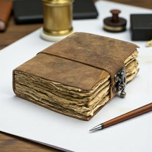 Carnet de notes en cuir marron rustique fait main : livre des ombres vierges avec fermeture avec serrure, bordure antique, livre des ombres, carnet de voyage pour lui et elle