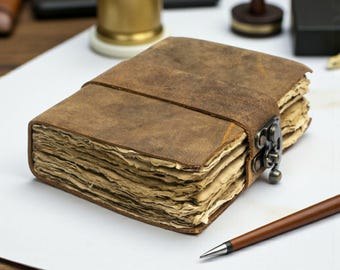 Handmade Rustic Brown Leather Journal: Antique Deckle Edge Paper Lock Closure Blank Spell Book of Shadows Travel Notebook Gift For Him Her