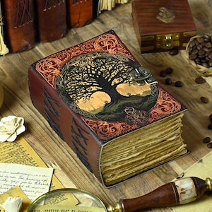 Diario de cuero Gremorie vintage con diseño de árbol de la vida, de 400 páginas, para mujeres y hombres, hecho a mano, con borde desbarbado, con candado.