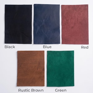 May include: Five rectangular leather swatches arranged in two rows. The top row features black, blue, and red leather. The bottom row displays rustic brown and green leather. Each swatch is labeled with its respective color name in black text.