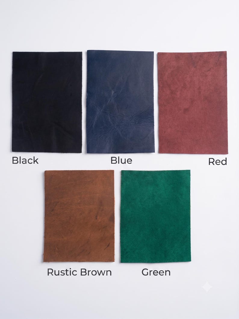May include: Five rectangular leather swatches arranged in two rows. The top row features black, blue, and red leather. The bottom row displays rustic brown and green leather. Each swatch is labeled with its respective color name in black text.