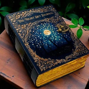 May include: A rectangular journal titled The Night Sky Journal with a dark blue cover featuring a full moon, stars, and tree silhouettes. The cover has gold filigree borders and a metal latch. The page edges are textured and finished in gold.
