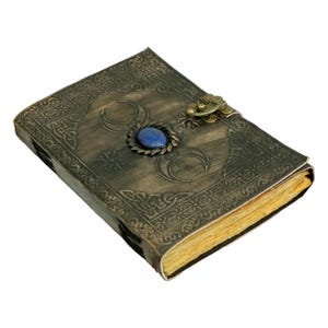 Triple Moon Goddess Vintage Leather Journal With Stone, Deckle Edge Paper, Blank Spell Book of Shadows Grimoire Journal, Great Gift Journal.