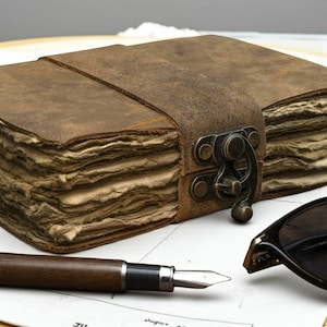 Handmade Rustic Brown Leather Journal: Antique Deckle Edge Paper Lock Closure Blank Spell Book of Shadows Travel Notebook Gift For Him Her