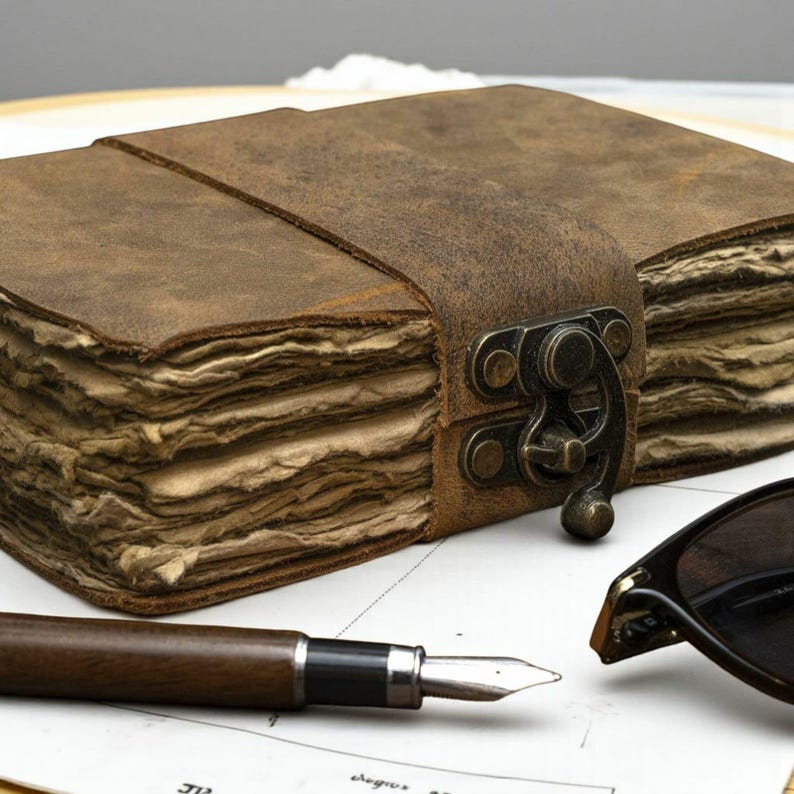 Handmade Rustic Brown Leather Journal: Antique Deckle Edge Paper Lock Closure Blank Spell Book of Shadows Travel Notebook Gift For Him Her