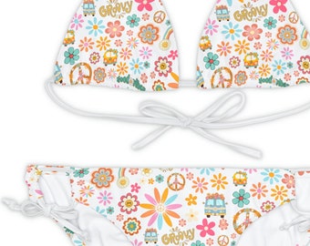 Fantastico bikini retrò, divertente costume da bagno dal design anni '70, festa in spiaggia anni '60, segni di pace, furgone hippie, Flower Power, set bikini con spalline