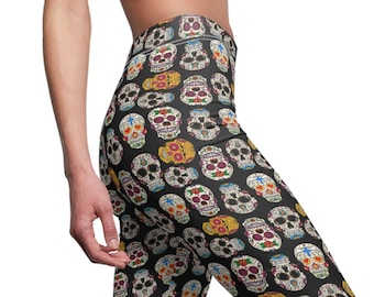 Pantaloni da yoga con teschio del Mardi Gras, leggings colorati con teschio della morte, design dello zucchero del giorno dei morti, attrezzatura per l'allenamento, pantaloni elasticizzati per feste divertenti