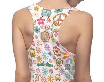 Abito retrò groovy, divertente design anni '70, pantaloni elasticizzati per feste anni '60, segni di pace, furgone hippie, Flower Power, abito con schiena scoperta da donna