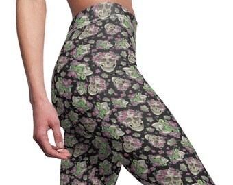 Pantaloni da yoga con teschio fiorito, leggings con teschio della morte, design floreale del giorno dei morti, attrezzatura per l'allenamento, pantaloni elasticizzati per feste divertenti