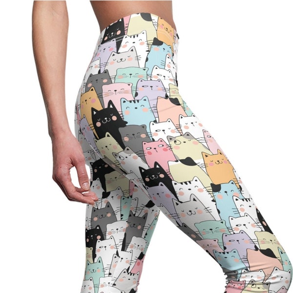 Multi Cat Yoga Pants, Fun Kitty Design Leggings, Workout Gear, Cat Party Stretch Pants, Cat Lady, Colorful, Gift Idea