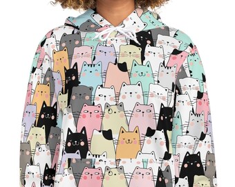 Felpa con stampa di gatti all over, amante dei gatti, design gattino, idea regalo di Natale, simpatici gattini, felpa con cappuccio alla moda