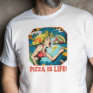 Pizza Is Life Graphic TShirt, Living Life to the Fullest Shirt, Pizza Lover Tee, Bold Graphic Top, Woman Eating Pizza Design, Gildan 5000
