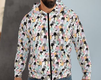 Felpa con cerniera stampata su tutto il gatto, amante dei gatti, design gattino, idea regalo di Natale, gattini carini, felpa con cappuccio zip unisex