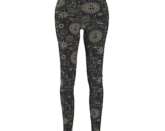 Pantaloni da yoga celestiali, leggings con sole luna e stelle, attrezzatura da allenamento, pantaloni elasticizzati per feste divertenti, design oro e nero