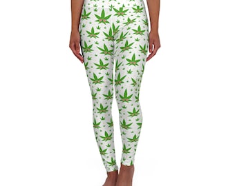 Pantaloni da yoga con stampa marijuana MJ, pantaloni divertenti, leggings, hashish, verde e bianco