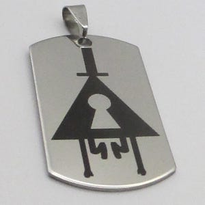 May include: A silver dog tag pendant with a black triangle and a keyhole design. The triangle has a black eye with a white keyhole in the center. The triangle is upside down with three legs hanging down.