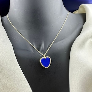 14K Solid Gold blue Heart Necklace, Charm, Christmas Gift, Valentines Day Gift, clover