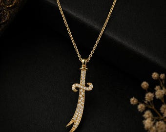 14k Gold personalisierte gravierte Zulfiqar Schwert Halskette, Zirkonia Stein, Zulfiqar Halskette, Schwert Halskette, Geschenk für sie