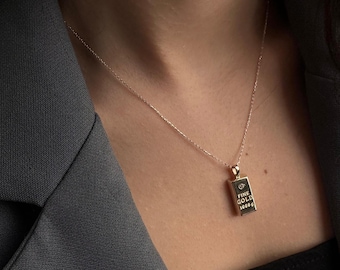 14K Gold Bullion Bar, Necklace Bank Bar Vertical Pamp Pendant, Christmas Gift