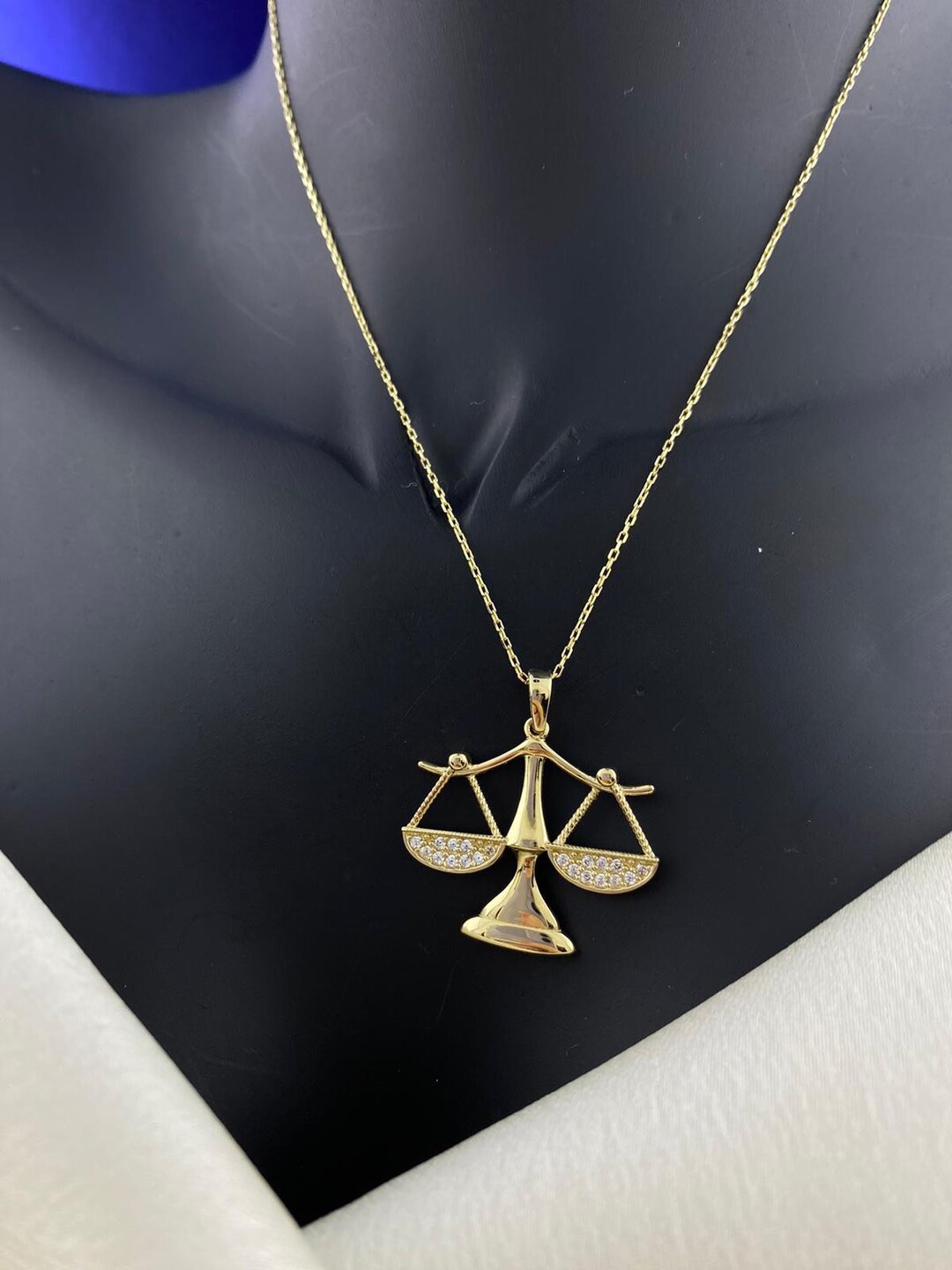 14K Solid Gold Scales of Justice Necklace, Lawyer Pendant, Dainty Scale of Justice Disc Necklace