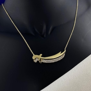 14k Gold Zulfiqar Sword Necklace, Zirconia Stone, Zulfiqar Necklace, Sword Necklace, Gift for her
