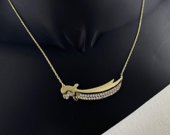 14k Gold Zulfiqar Schwert Halskette, Zirkonia Stein, Zulfiqar Kette, Schwert Kette, Geschenk für sie