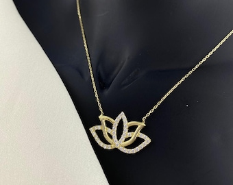 14k Real Solid Gold Lotus Necklace - Dainty Lotus Jewelry, Lotus Pendant Necklace