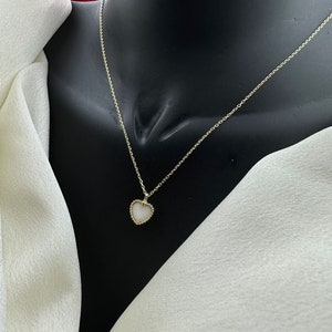 14K Solid Gold heart Necklace, White Charm, June Birthstone Christmas Gift, Valentines Day Gift, cloves