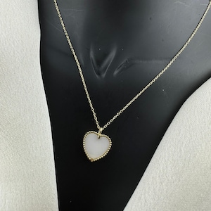 14K Solid Gold Heart Necklace, White Charm, June Birthstone Christmas Gift, Valentines Day Gift,