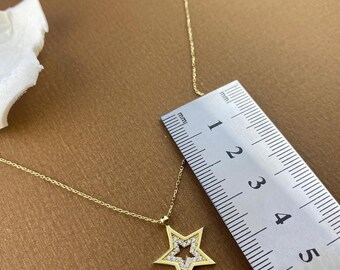 14k Solid Gold Star Necklace, Star Pendant Necklace