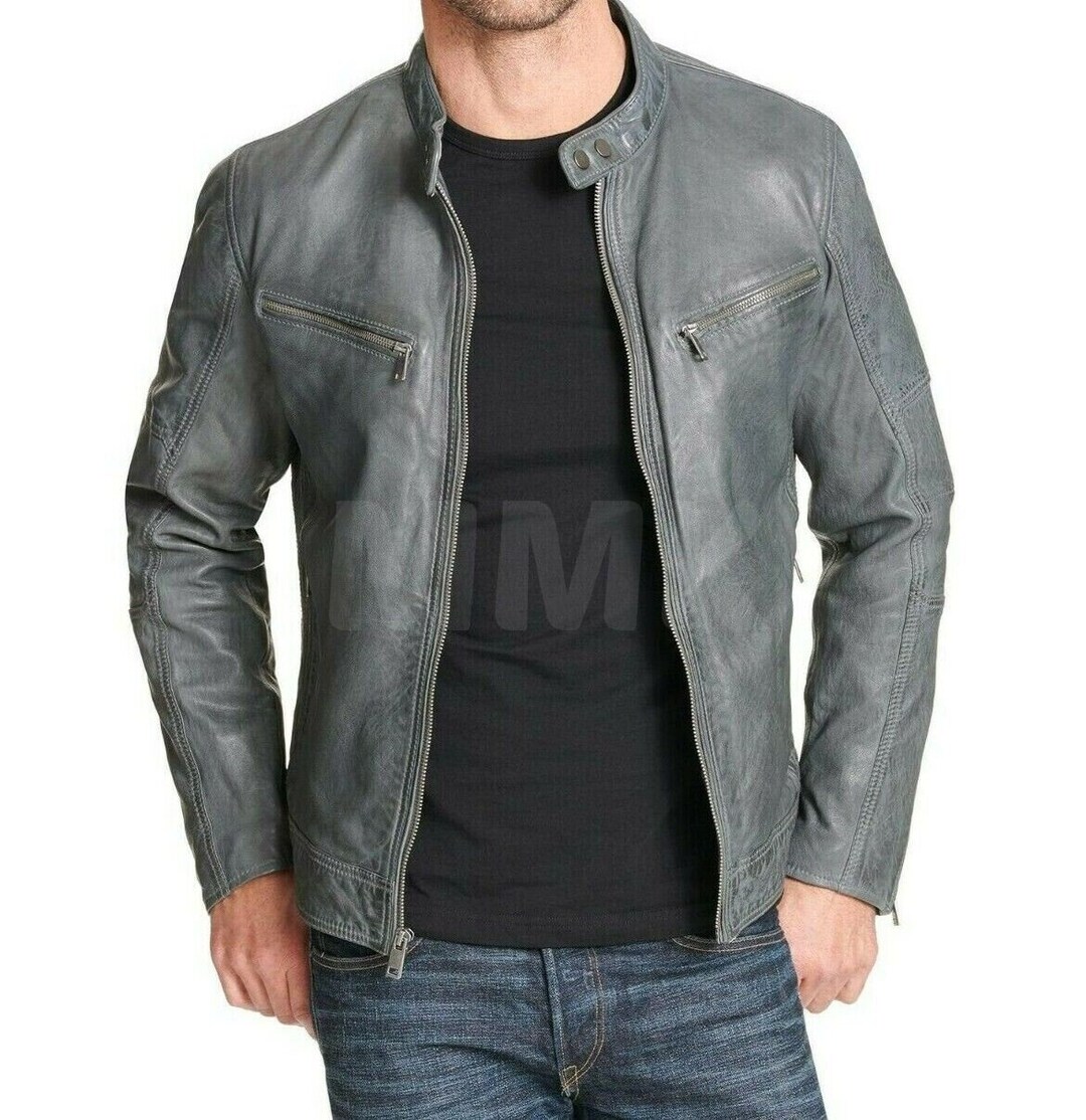 Men's Gray Leather Jacket Handmade Genuine Leather Outerwear for a
