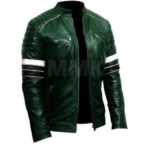 Handmade Dark Green Biker Style Jacket Real Leather 
