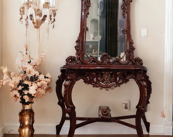 Hand-carved Mahogany Console Table & Mirror, Grape Carved
