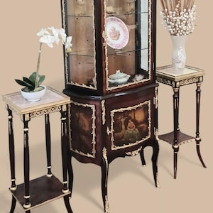 19th-century French Louis XIV style Vernis Martin vitrine & Two French Inset Marble Top Plant Stands with Gilt Ormolu - 32 in tall x 12 x 12