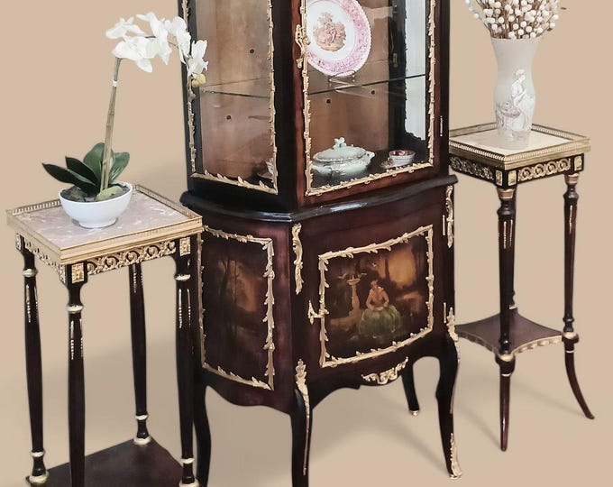 19th-century French Louis XIV style Vernis Martin vitrine & Two French Inset Marble Top Plant Stands with Gilt Ormolu - 32 in tall x 12 x 12