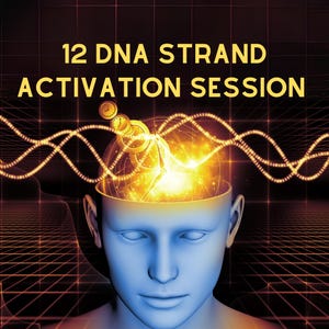 Może przedstawiać: Niebieska głowa z jarzącą się kulą w środku, otoczona falą kodu binarnego. Kula jest wypełniona tarczami zegarów i kołami zębatymi. Tekst "12 DNA STRAND ACTIVATION SESSION" znajduje się w górnej części obrazu.
