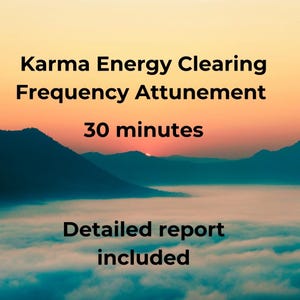 May include: A digital illustration of a sunset over mountains with the text "Karma Energy Clearing Frequency Attunement 30 minutes Detailed report included" in black.